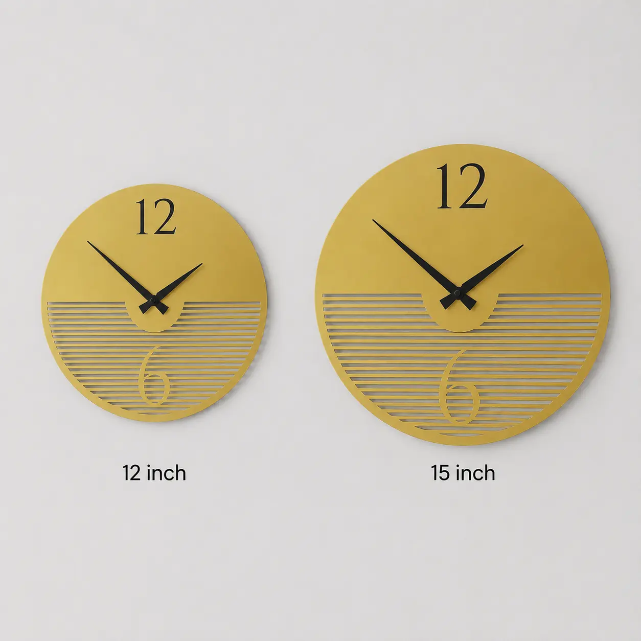 Golden Line-Cut Designer Acrylic Wall Clock 12 inch and 15 inch size comparison
