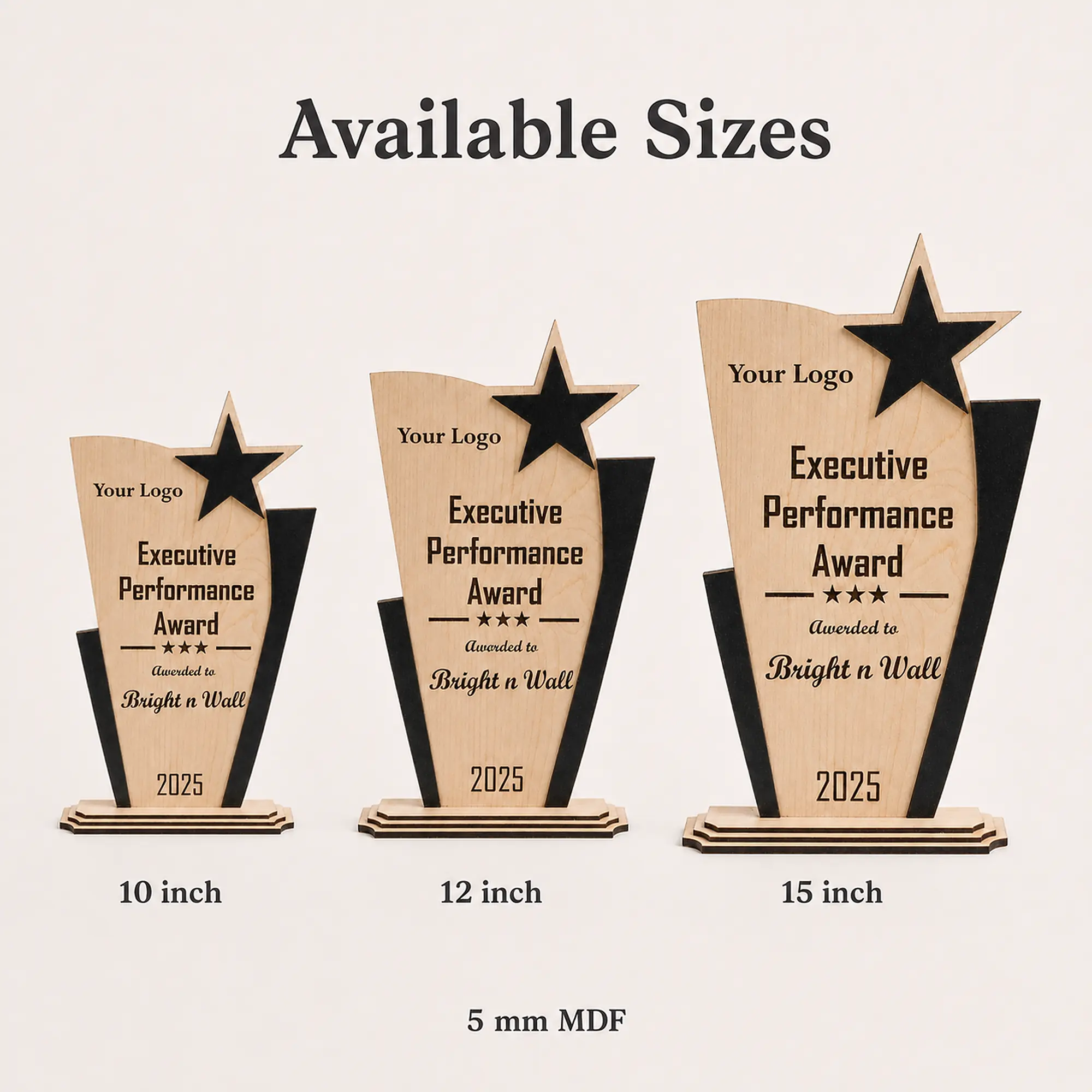 MDF Executive Performance Award size comparison in 10, 12 and 15 inch options