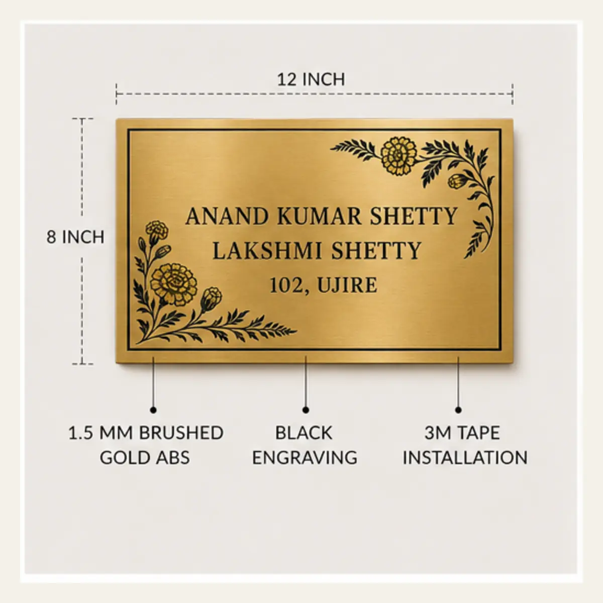 12 × 8 inch size specification of personalised botanical marigold brushed gold abs name plate with black engraving and 3M tape mounting