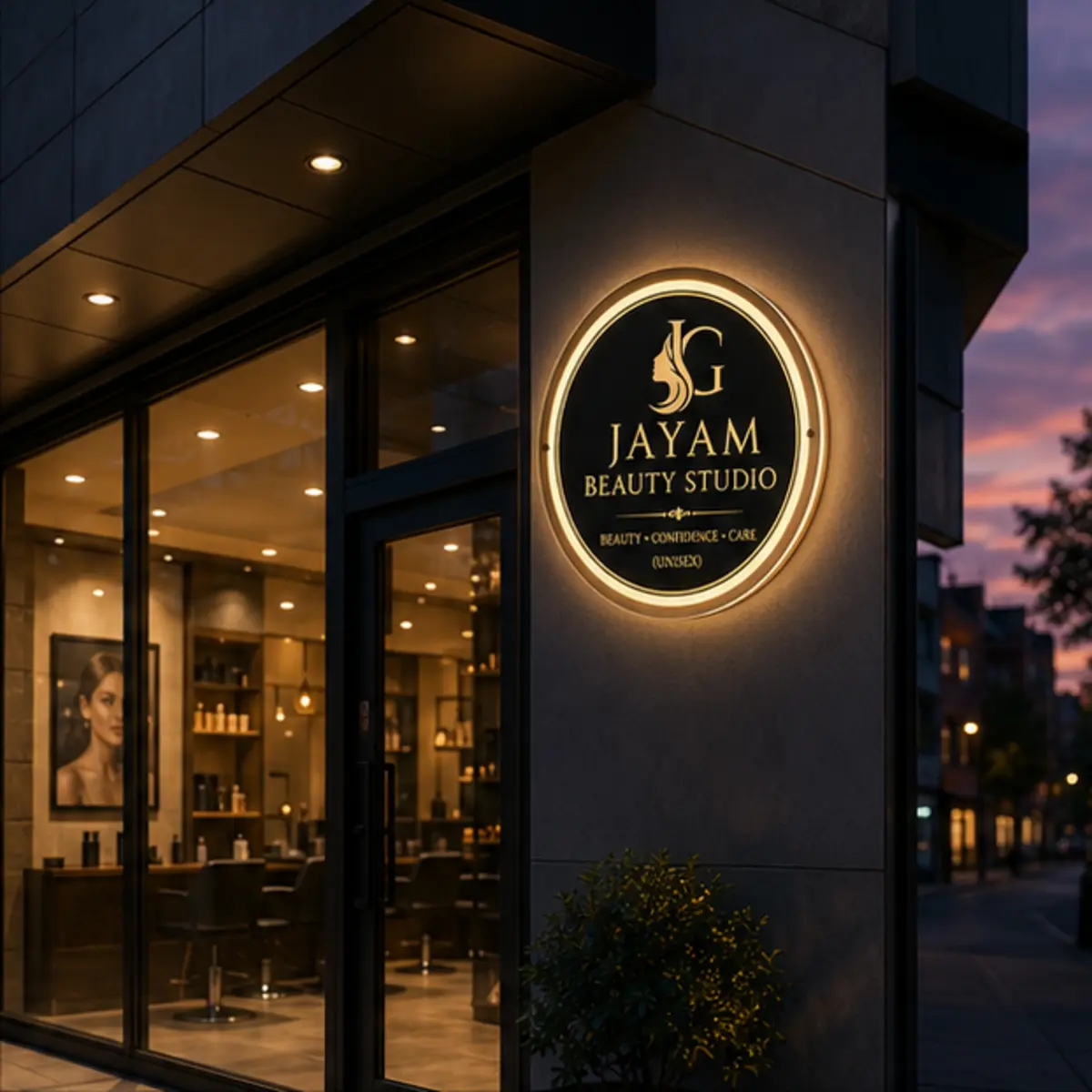 Illuminated round acrylic LED business sign displayed outside a modern storefront at dusk