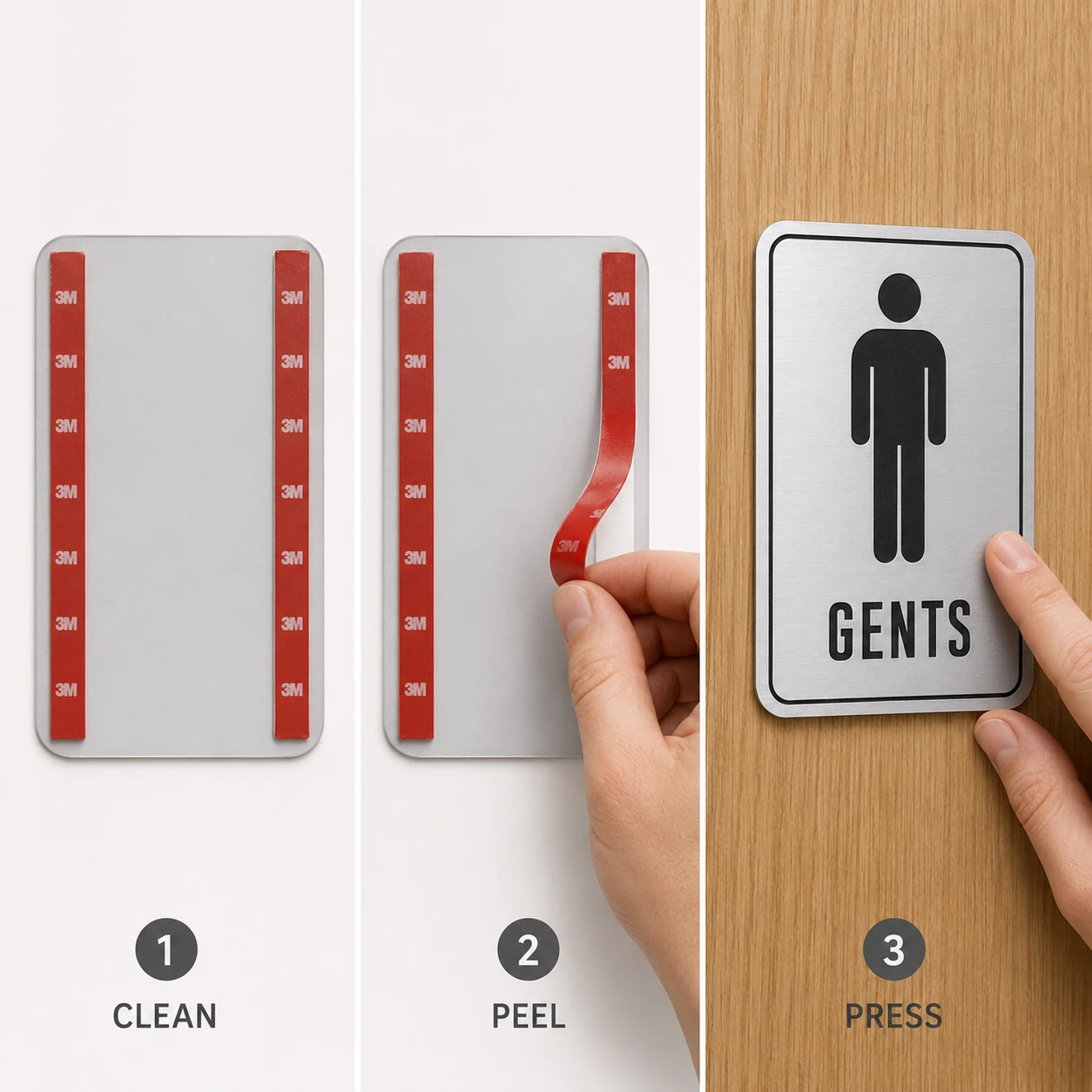Installing brushed silver restroom sign using pre-applied 3M tape
