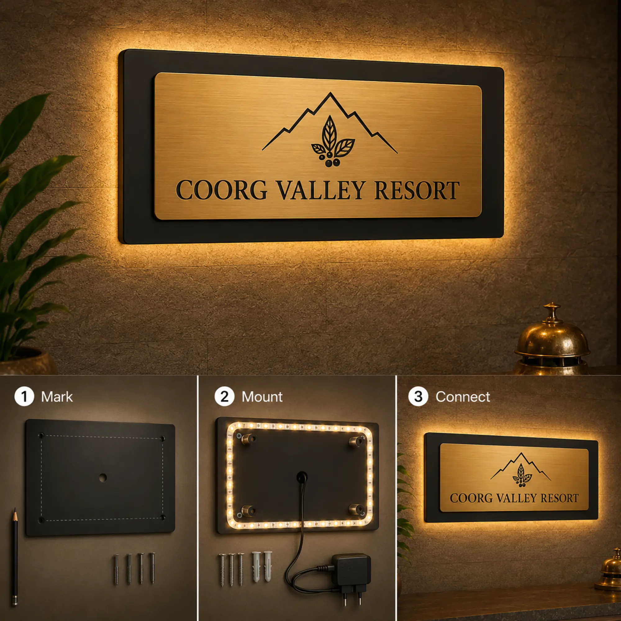 LED resort reception sign installation guide showing mounting and wiring