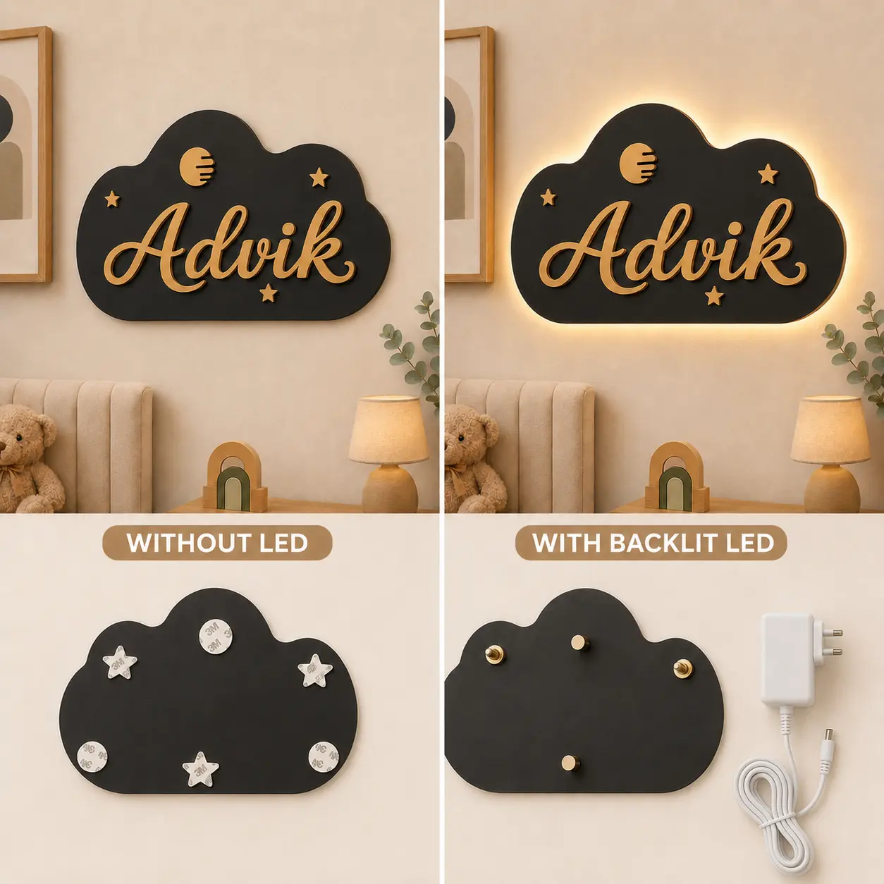 Comparison of personalised kids room name board without LED and with backlit LED, including hidden mounting