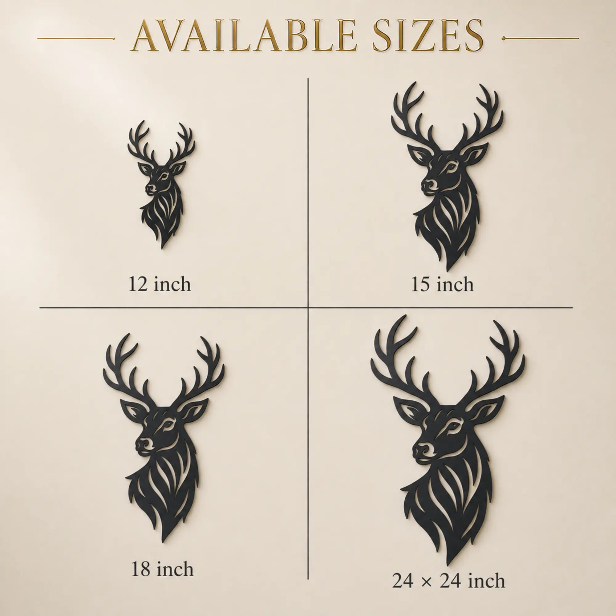 Majestic Stag MDF wall art size chart for 12, 15, 18 and 24 × 24 inch options