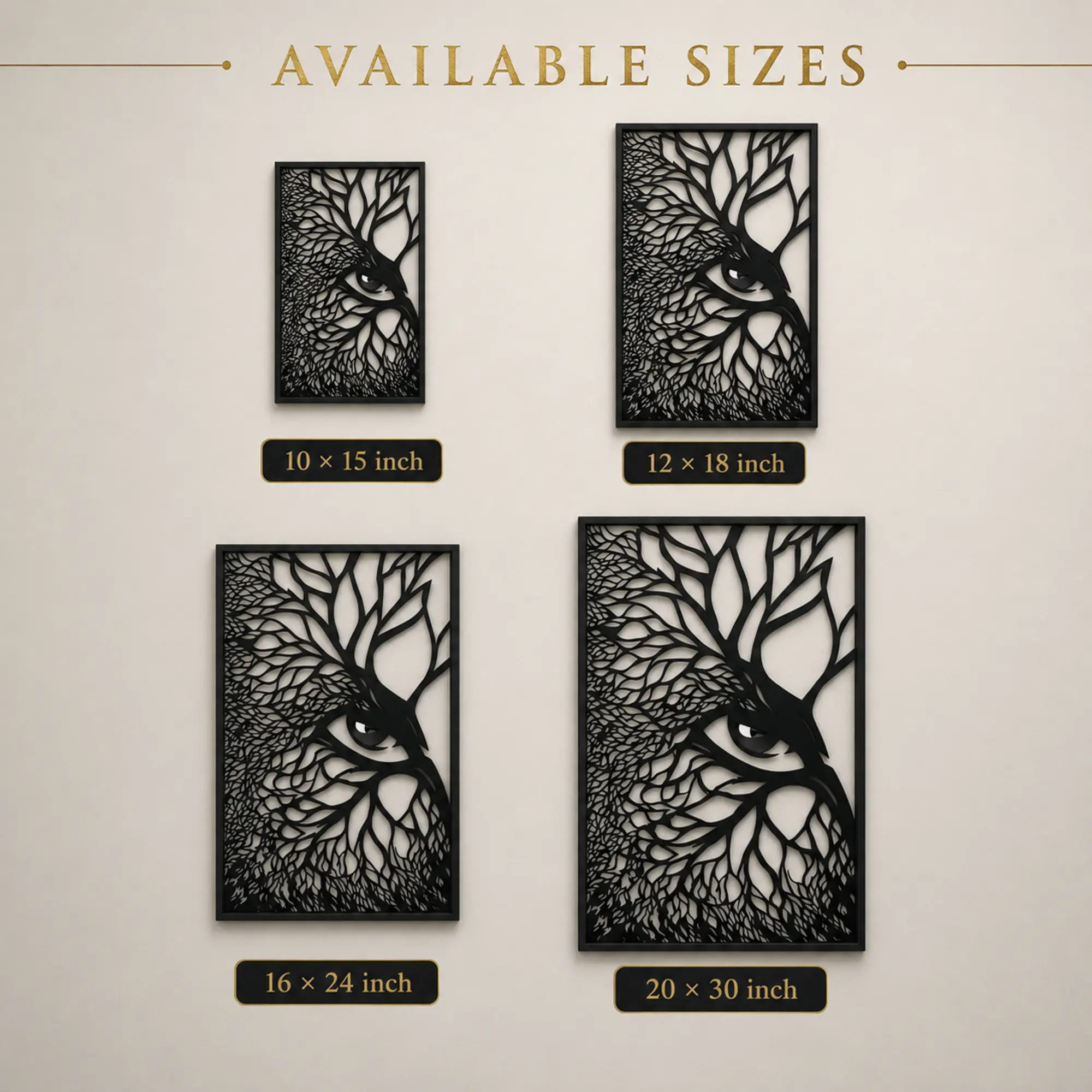 Owl wall art size chart for 10 × 15, 12 × 18, 16 × 24 and 20 × 30 inches