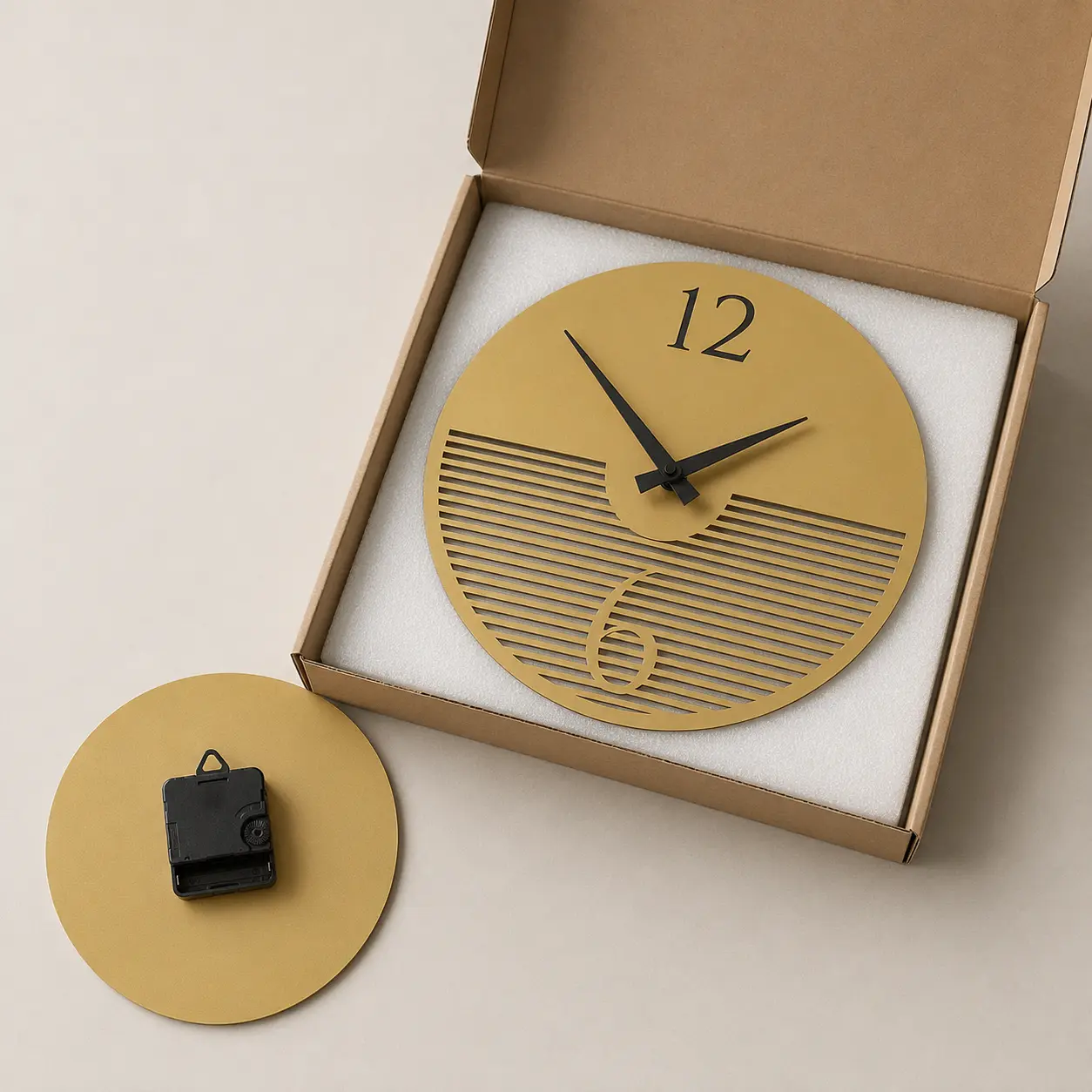 Golden Line-Cut Designer Acrylic Wall Clock secure protective packaging and rear clock mechanism