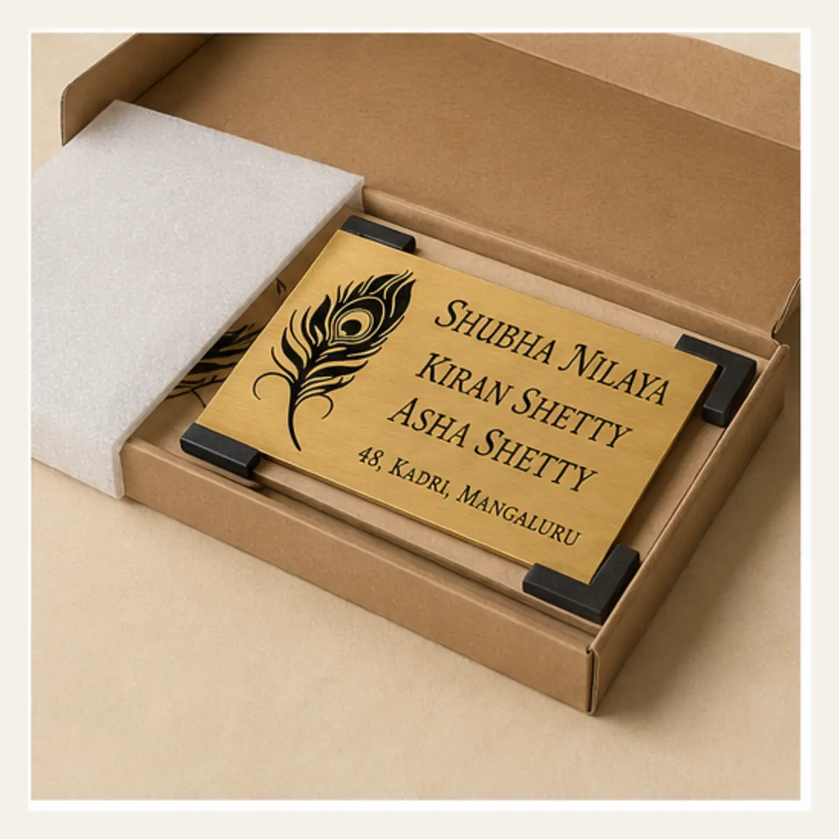 Protective packaging of personalised peacock feather family brushed gold abs name plate with black engraving and 3M tape mounting