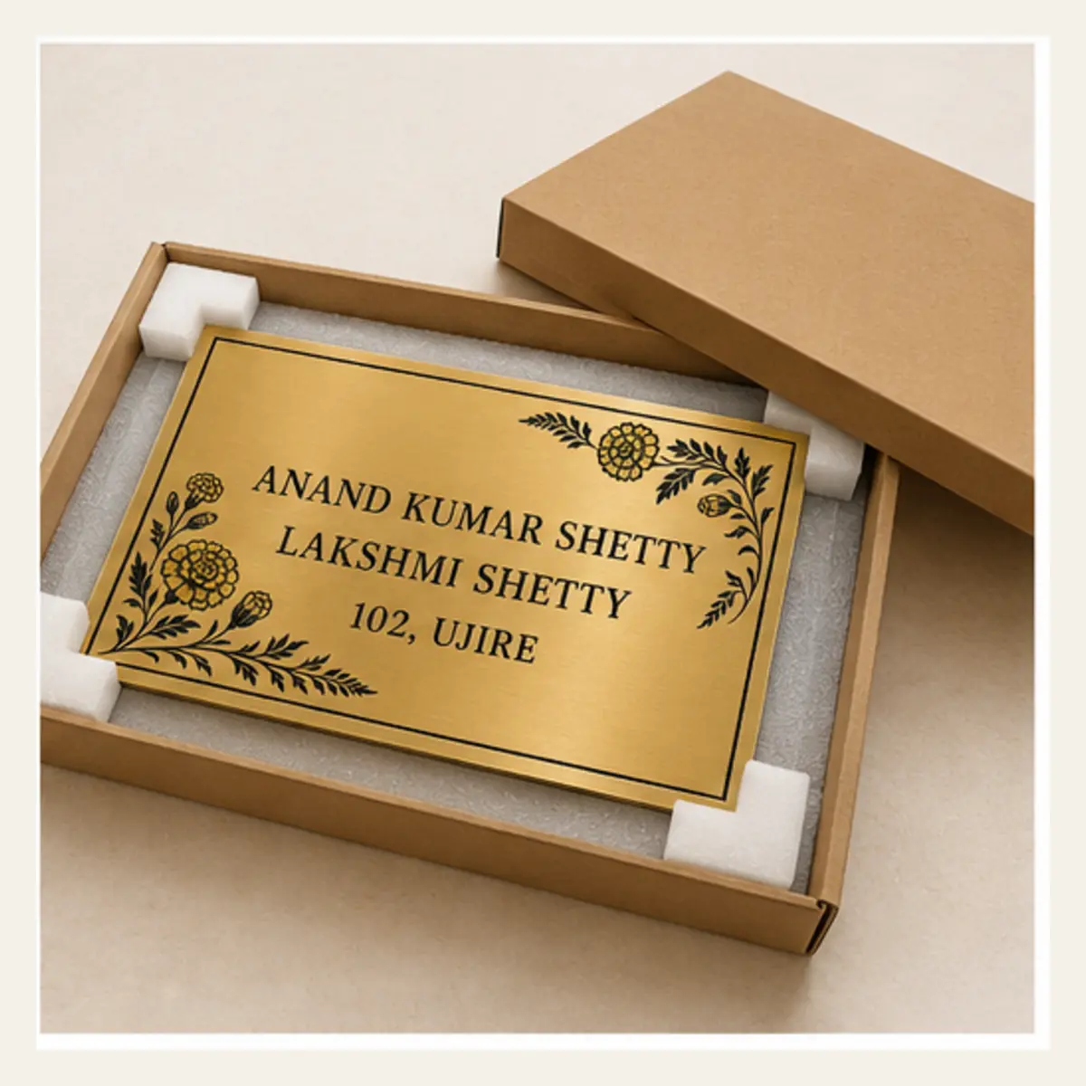 Protective packaging of personalised botanical marigold brushed gold abs name plate with black engraving and 3M tape mounting