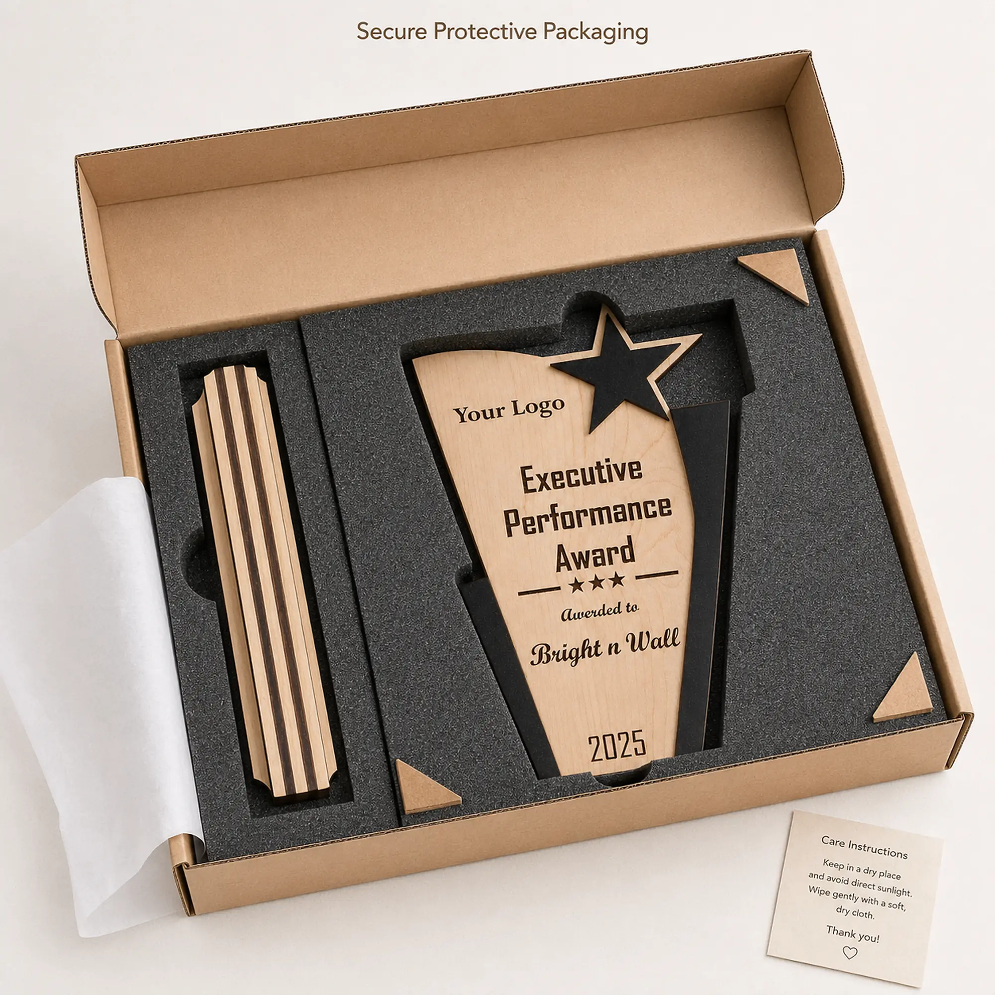 Personalized MDF executive award secured in protective delivery packaging