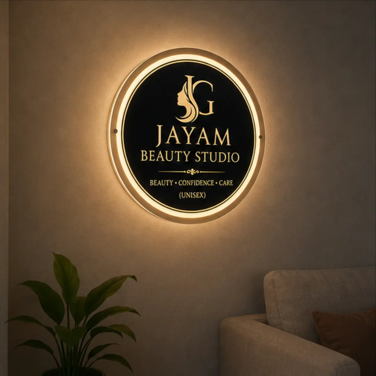 Round acrylic LED light box business sign mounted on an interior wall