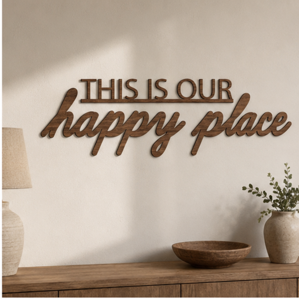 This Is Our Happy Place wall decor in walnut wood grain finish
