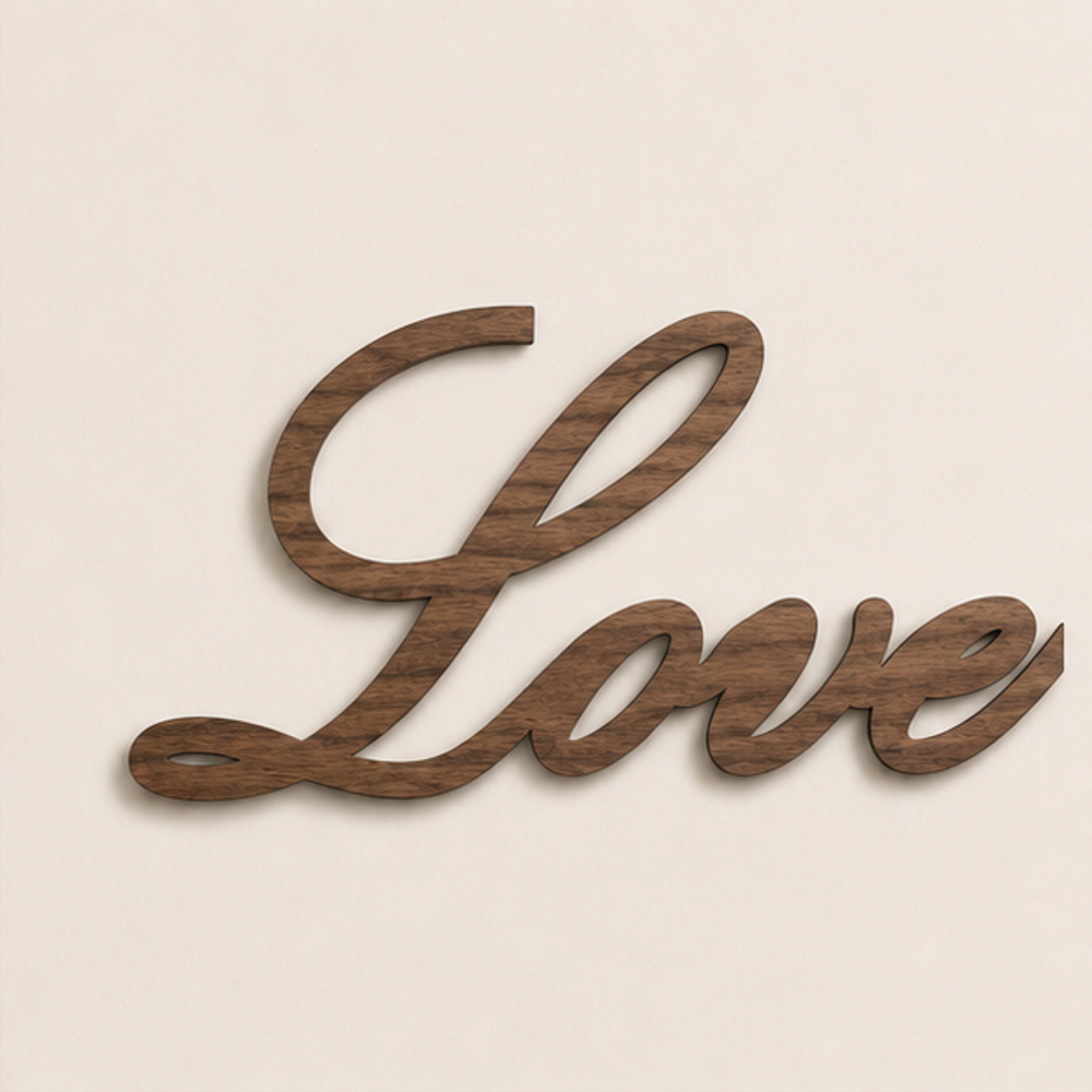Love Script MDF wall art in Walnut Wood Grain finish