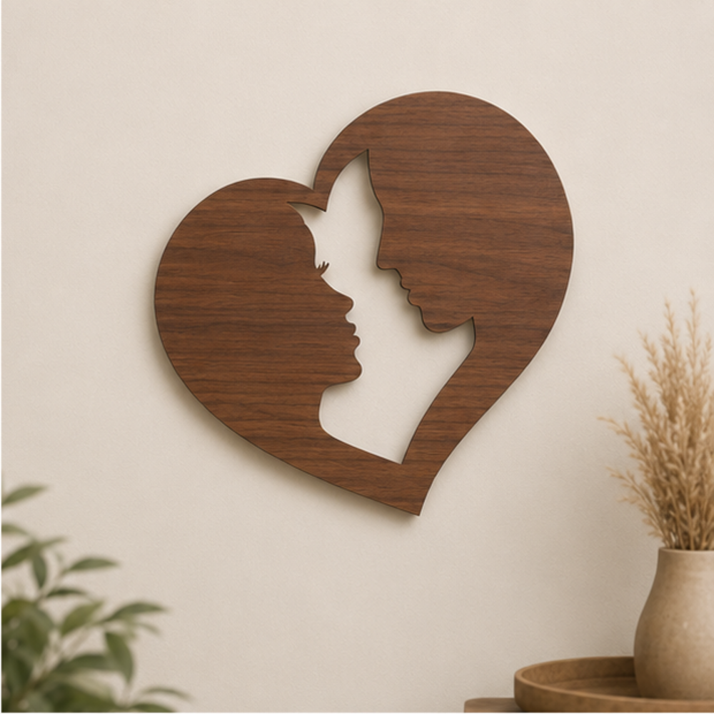 Couple Love Heart MDF wall art in Walnut Wood Grain finish