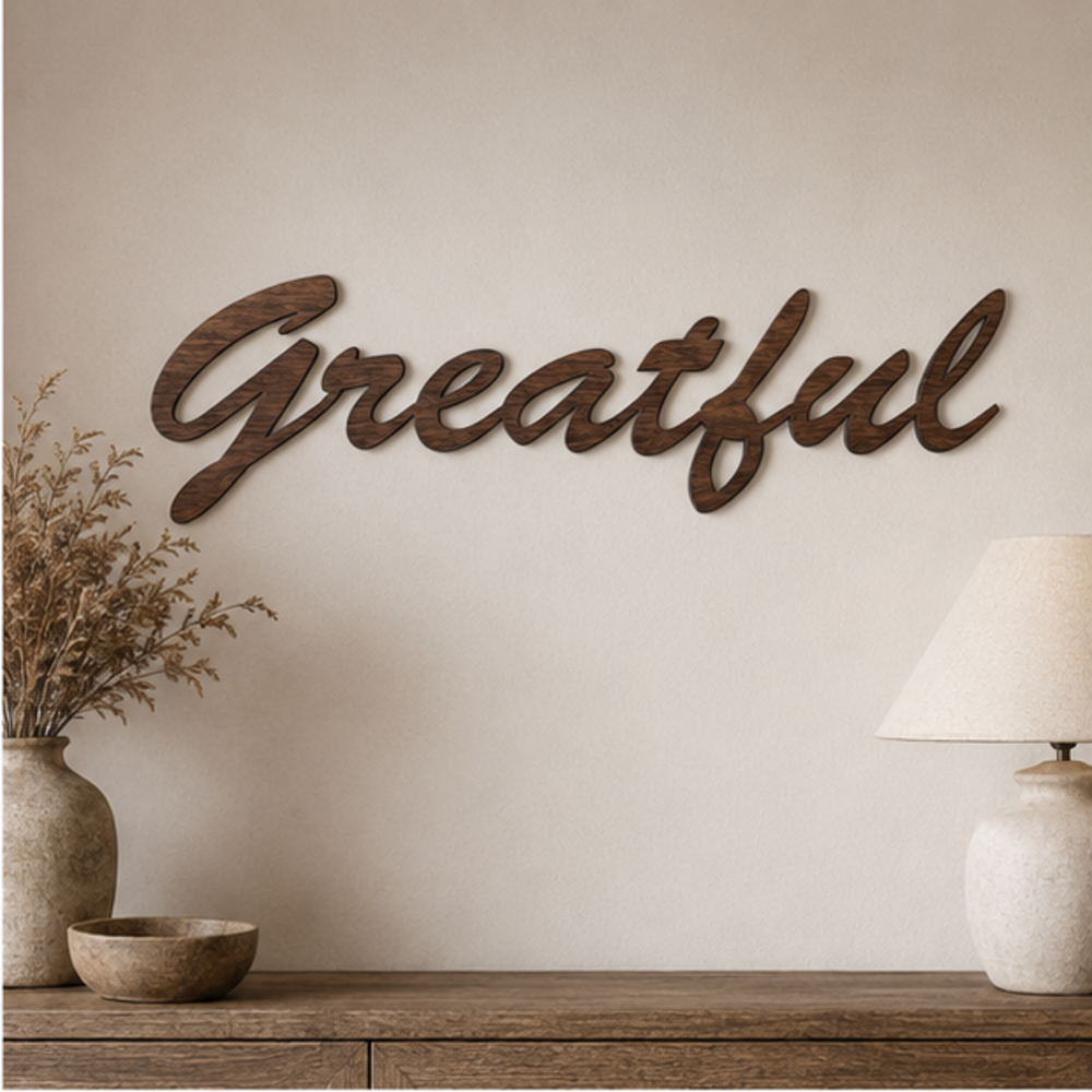 Grateful cursive wall decor in walnut wood grain finish