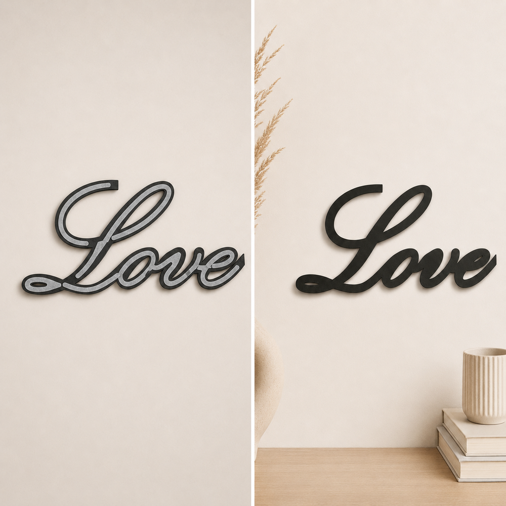 Back and front view of Love Script wall art with shape-cut 3M tape hidden behind solid design areas