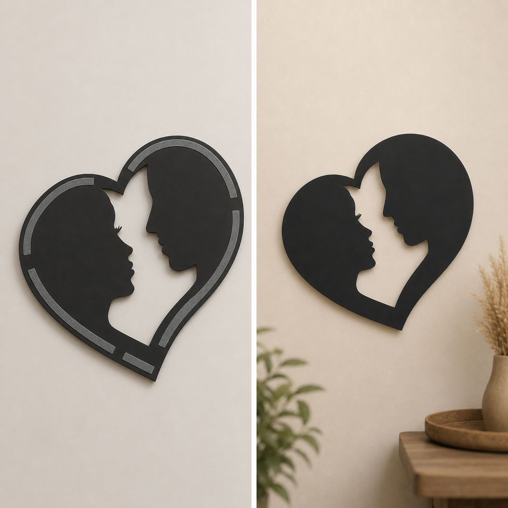 Back and front view of Couple Love Heart wall art with shape-cut 3M tape hidden behind solid design areas