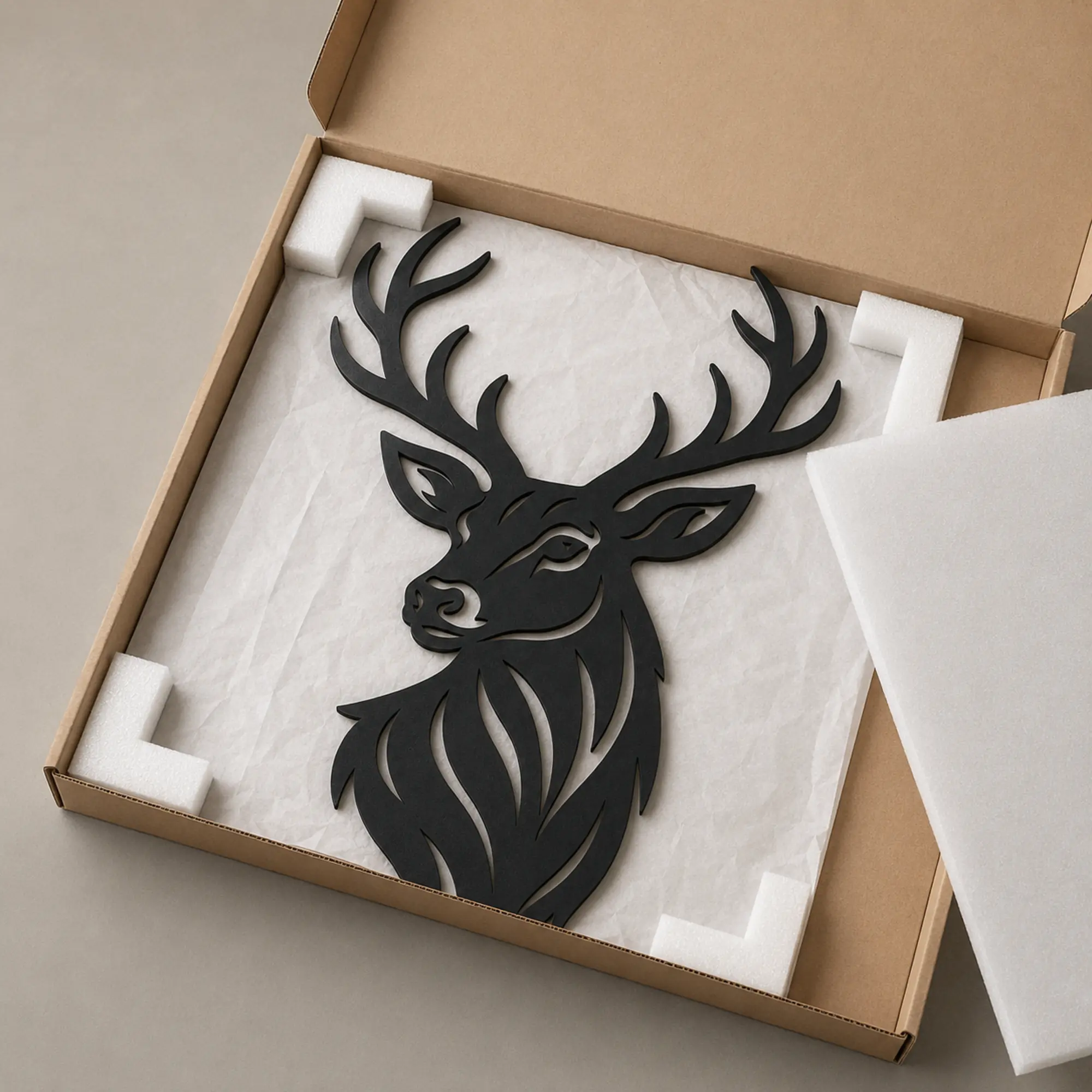 Majestic Stag MDF wall art secured in protective delivery packaging
