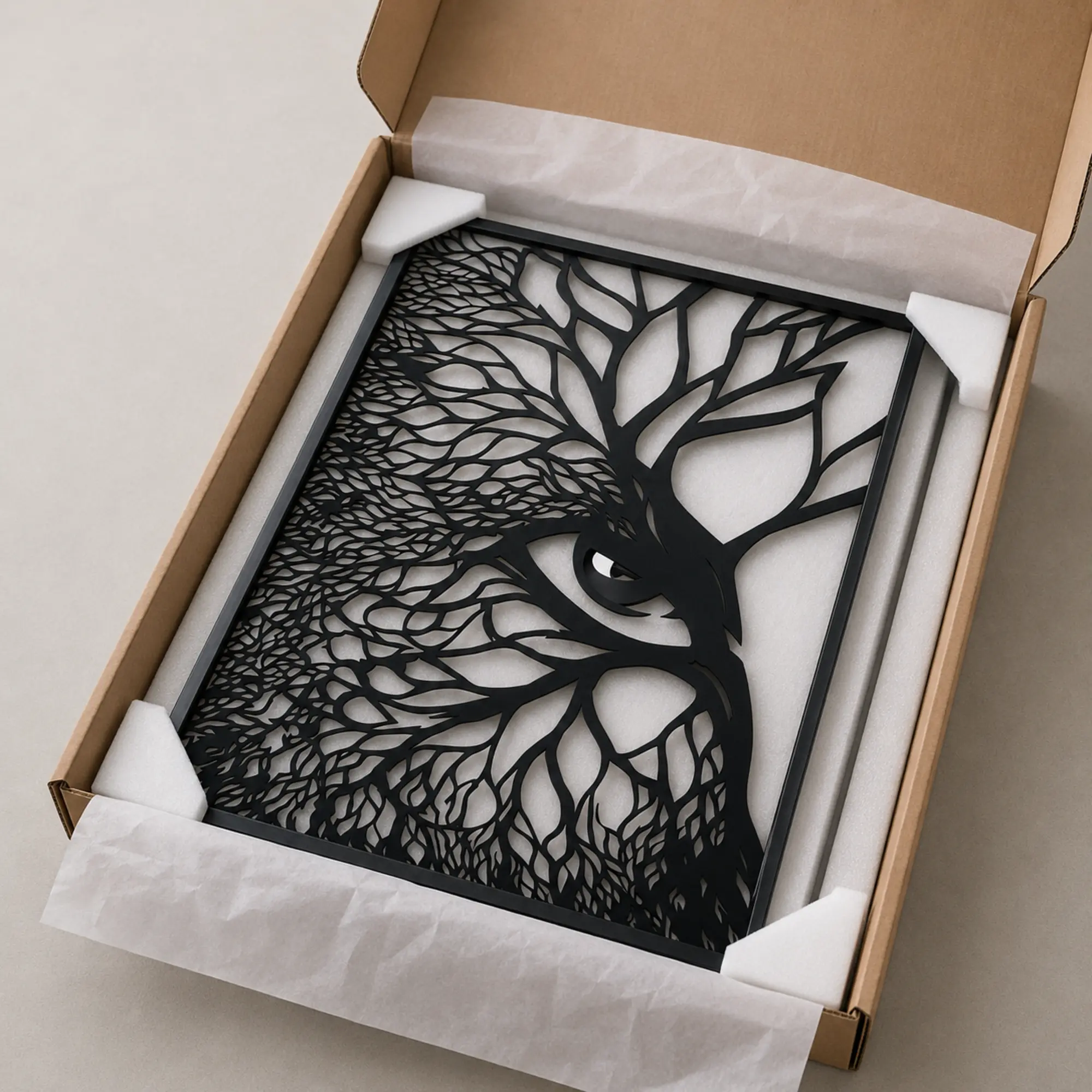 Intricate owl MDF wall art secured in protective delivery packaging