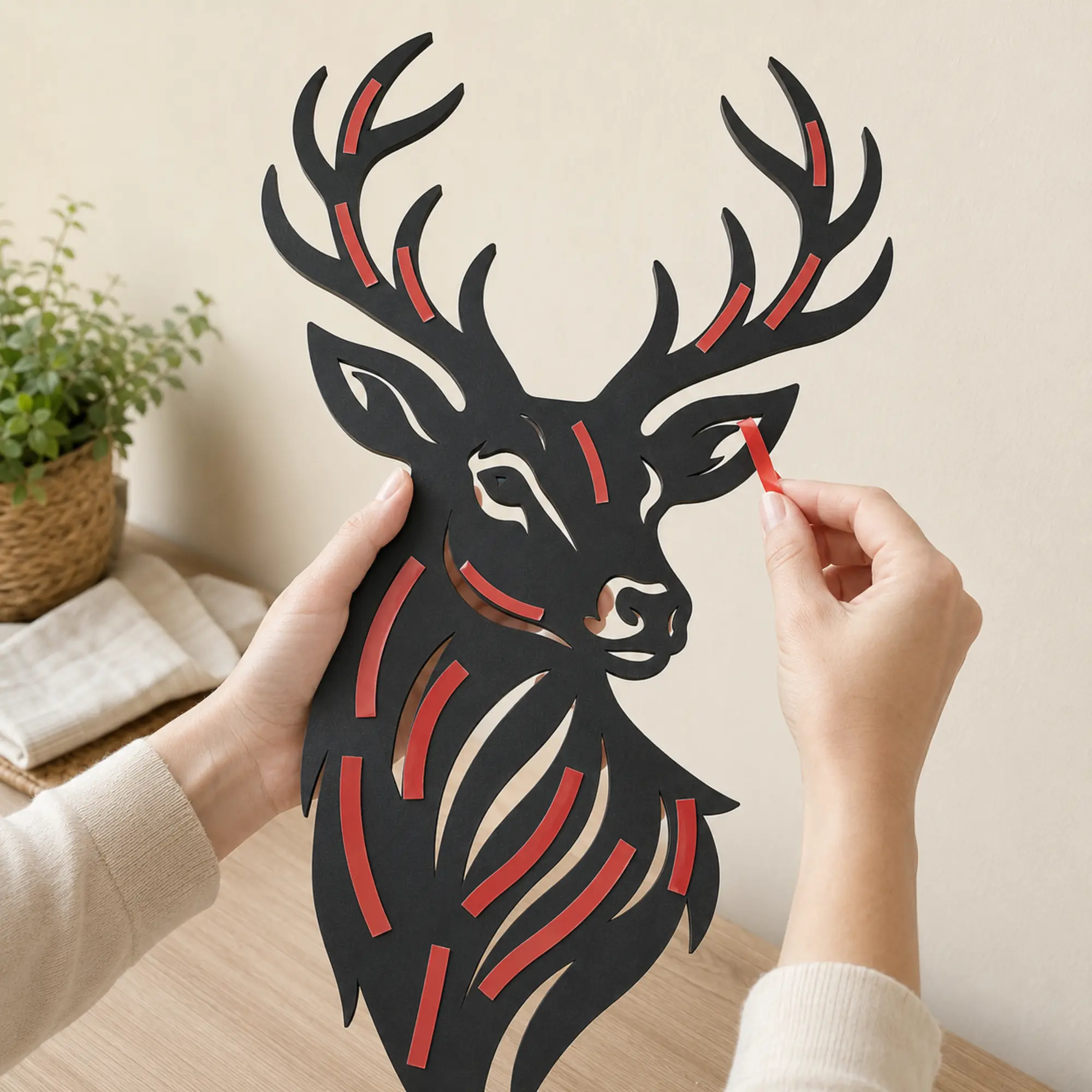 Majestic Stag MDF wall art installation using shape-cut adhesive hidden behind the design