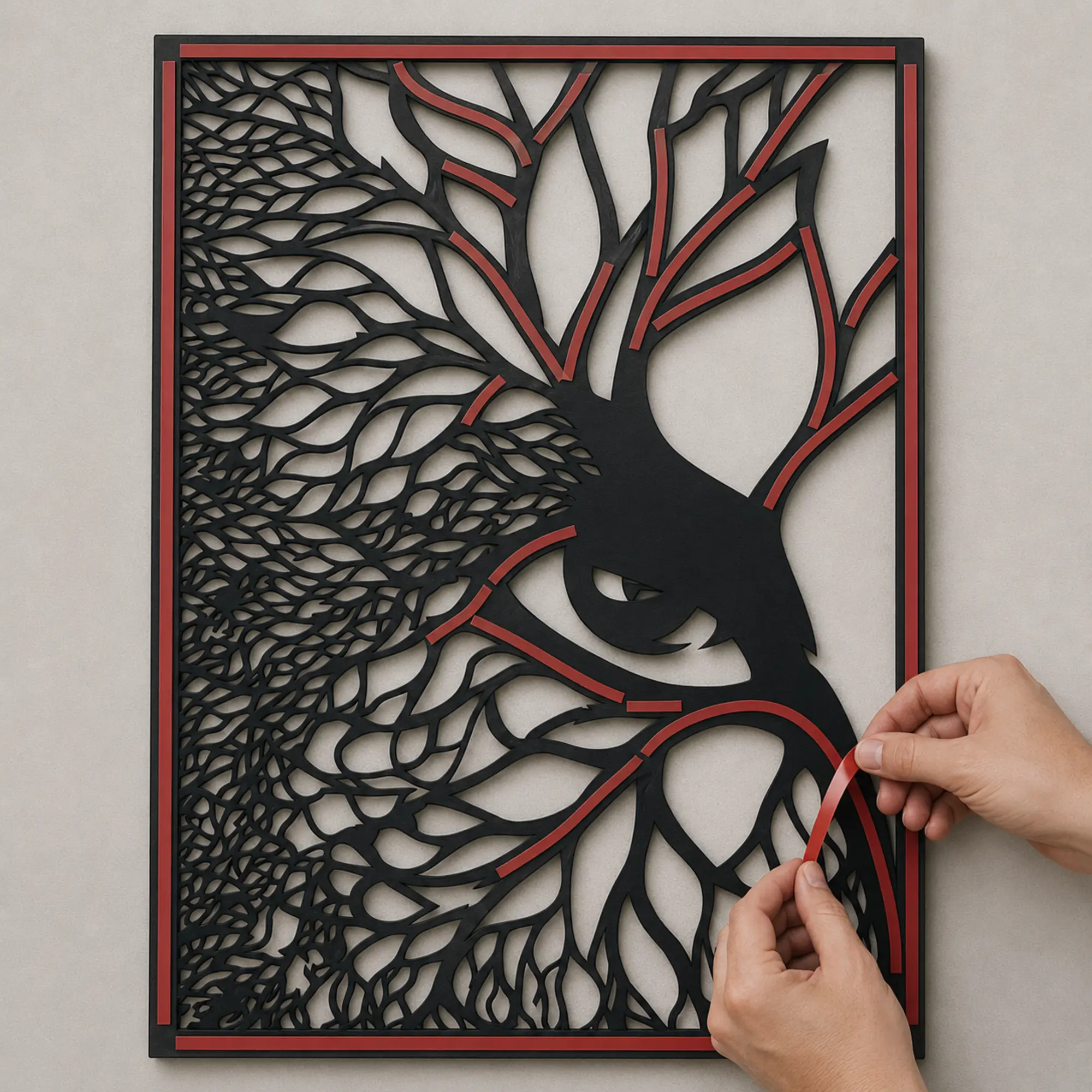 Owl wall art installation using shape-cut adhesive hidden behind solid areas