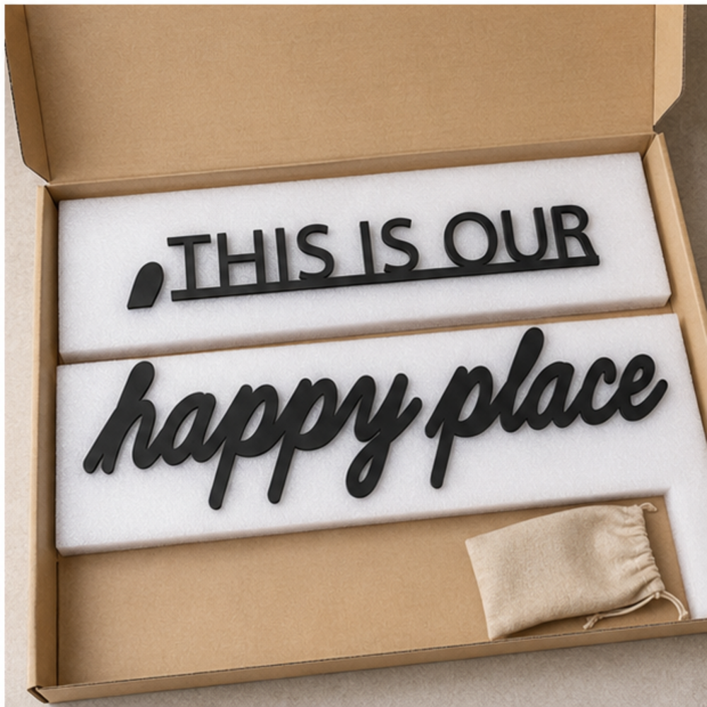 This Is Our Happy Place MDF wall art safely packed with foam protection