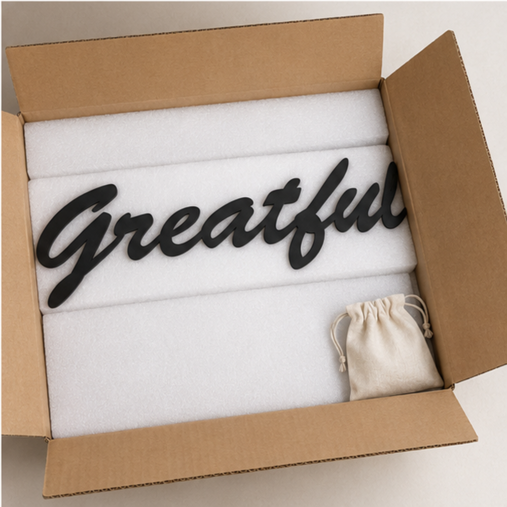Grateful MDF wall art packed securely with foam protection