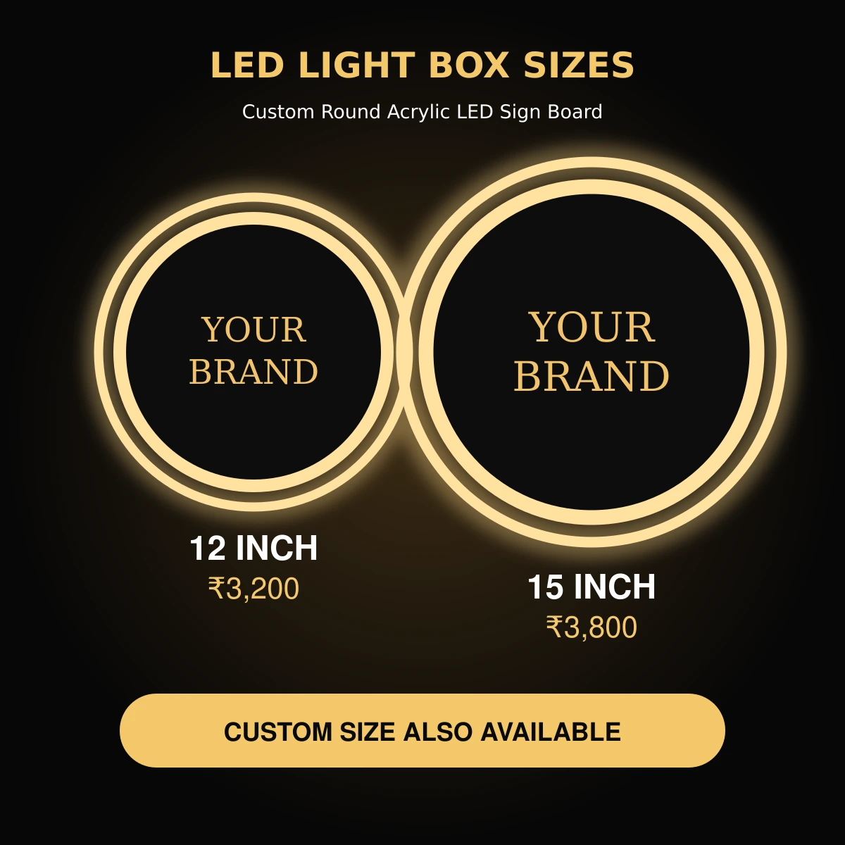 Size chart for acrylic LED light box showing 12 inch, 15 inch and custom size options