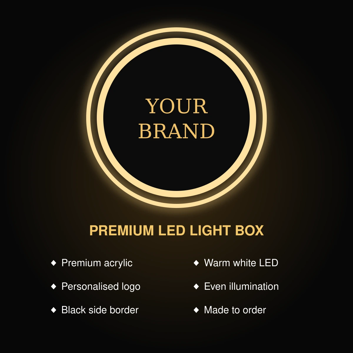 Features of custom acrylic LED light box including warm white LED and personalised branding
