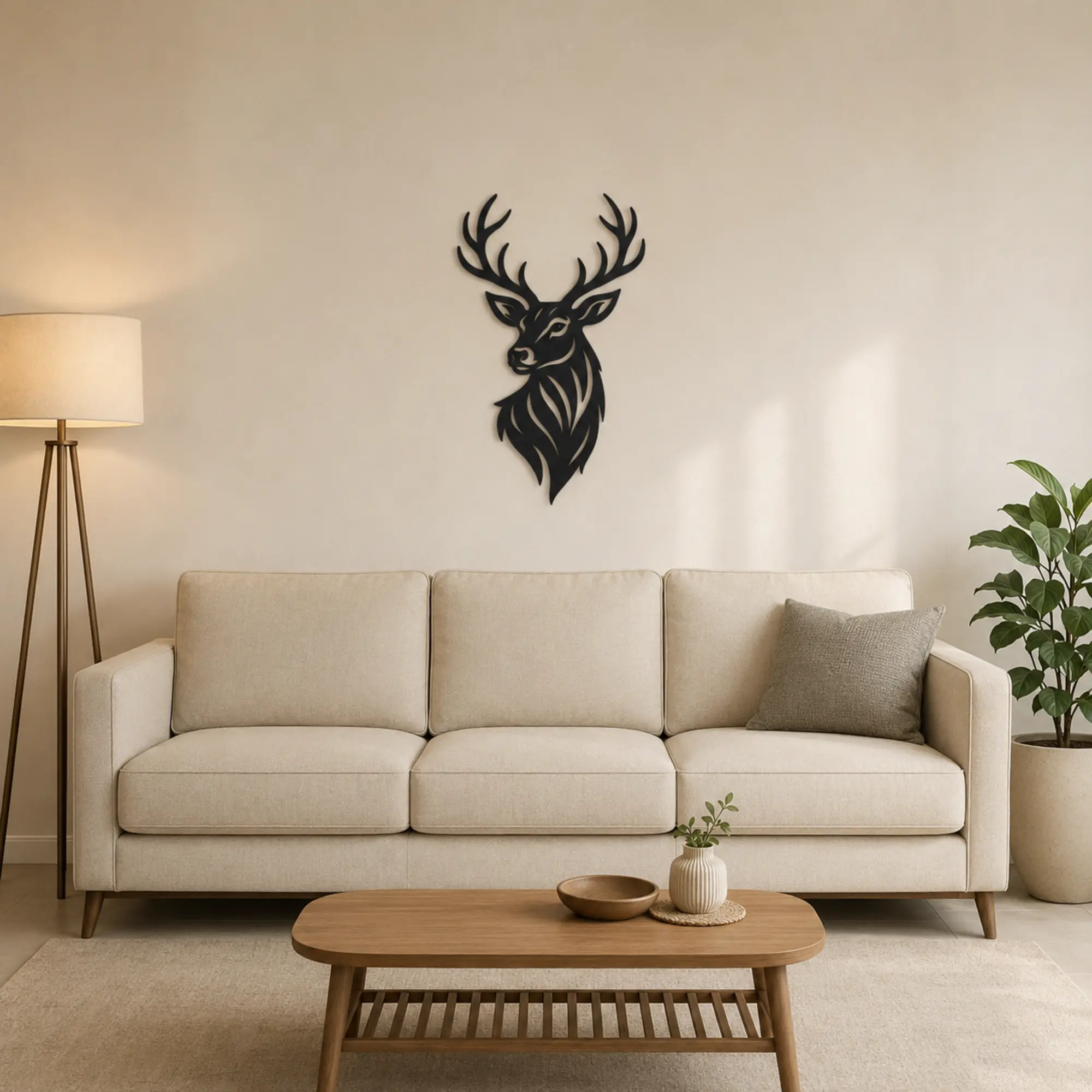 Majestic Stag 24 × 24 inch MDF wall art shown above a three-seat sofa for scale