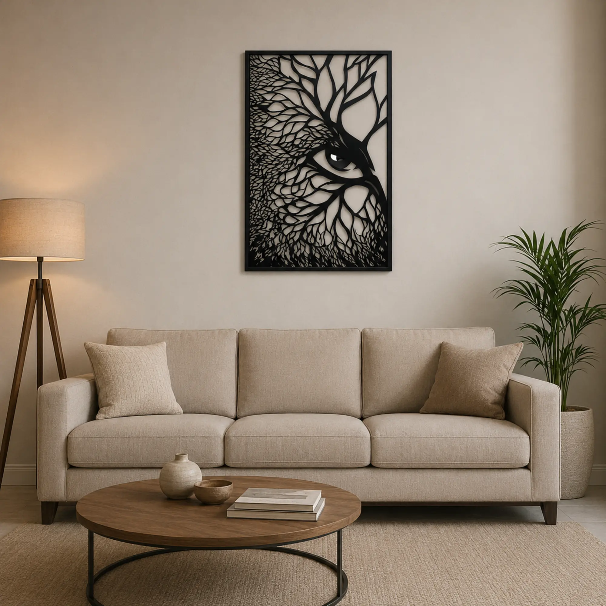 20 × 30 inch owl MDF wall art shown above a three-seat sofa for scale