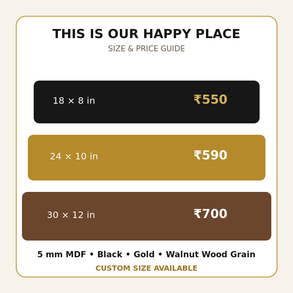This Is Our Happy Place MDF wall art size and price chart for 18, 24 and 30 inch options