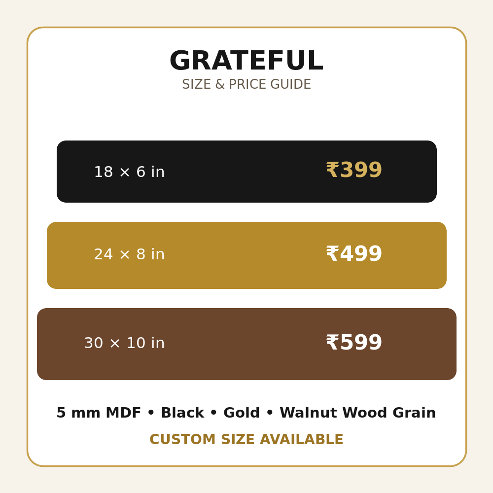 Grateful MDF wall art size and price chart for 18, 24 and 30 inch options