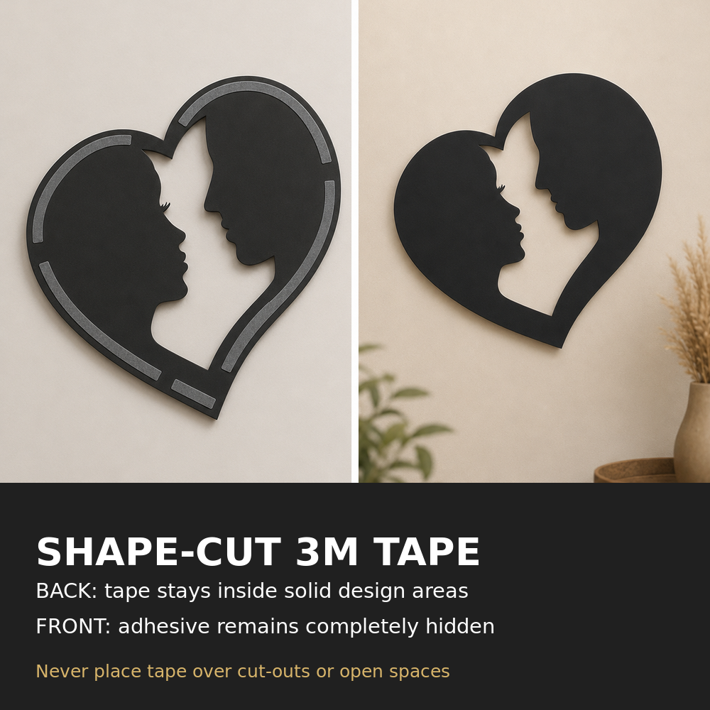 Couple Love Heart shape-cut 3M tape installation guide showing tape hidden from the front