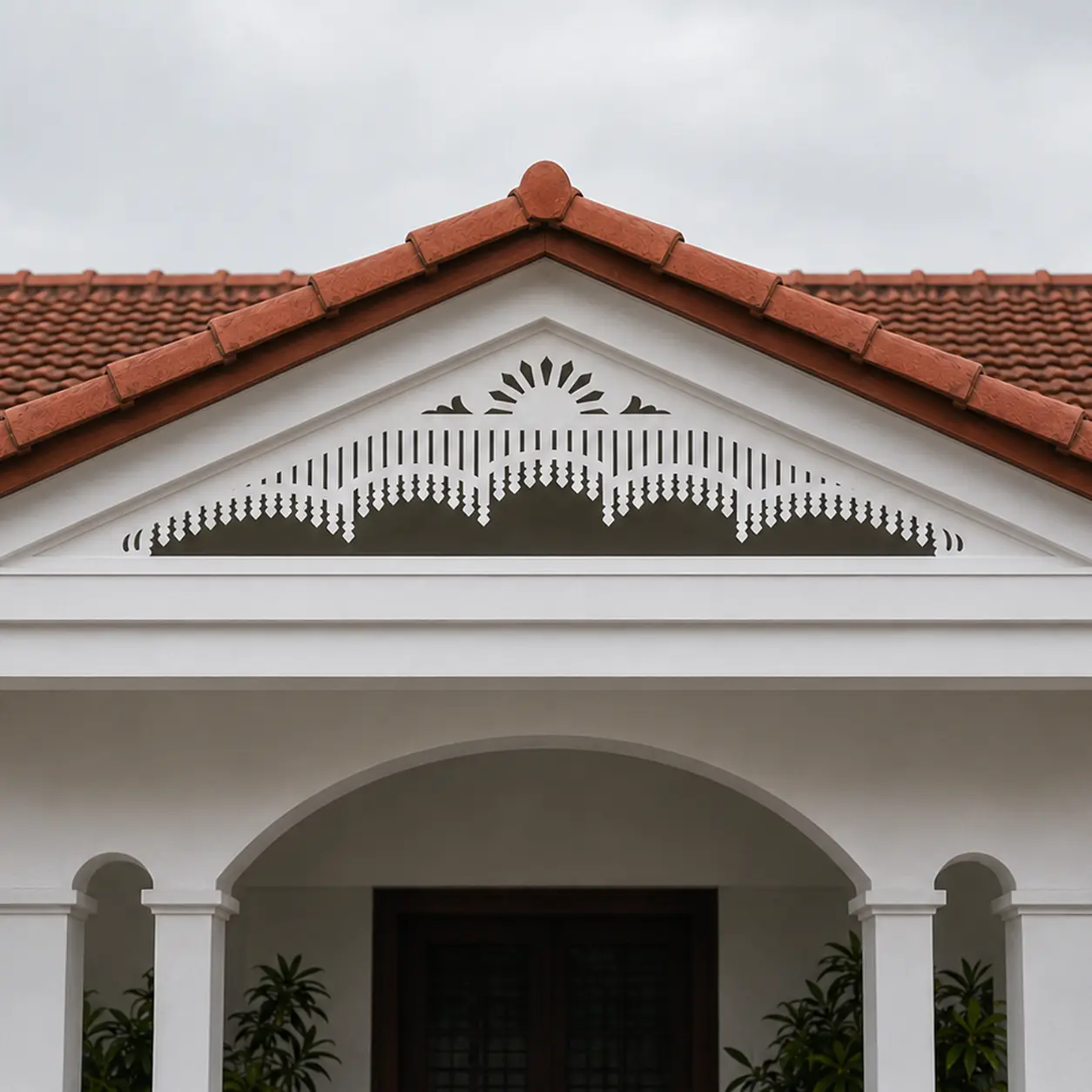Close-up of fine Arched Sunrise Multi-Band CNC-cut PVC gable jaali