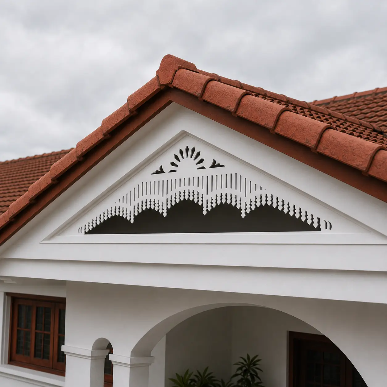 45-degree view of wide Arched Sunrise white PVC gable jaali installation