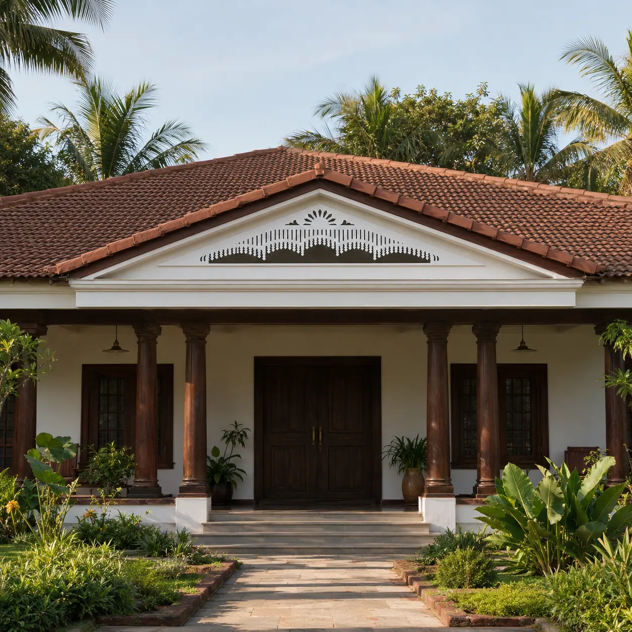 Arched Sunrise Multi-Band PVC gable jaali on traditional Kerala home