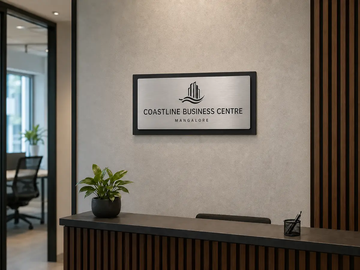 Non-LED engraved brushed-silver office reception signage installed in Mangalore