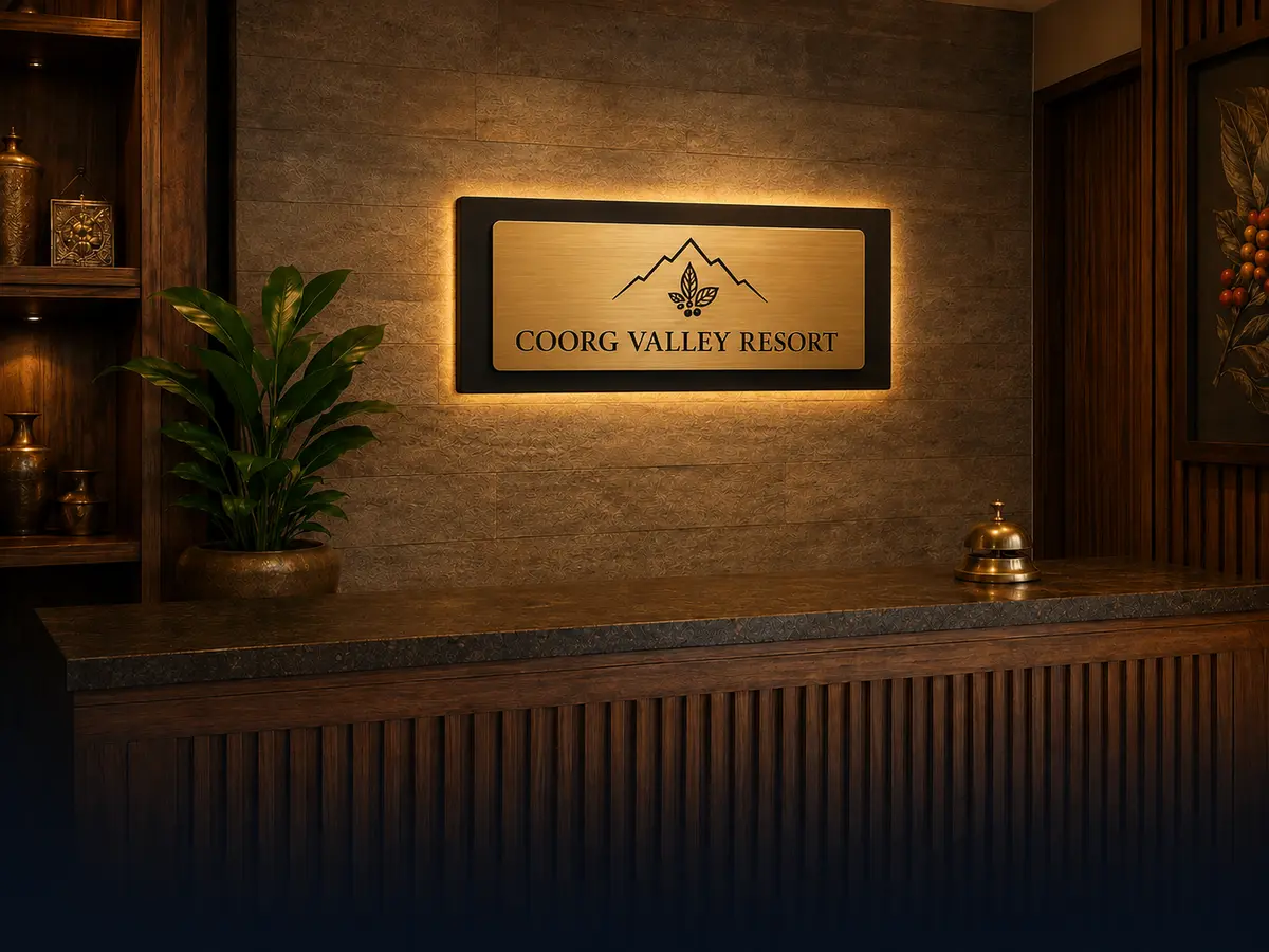 Engraved brushed-gold resort reception signage installed in Coorg