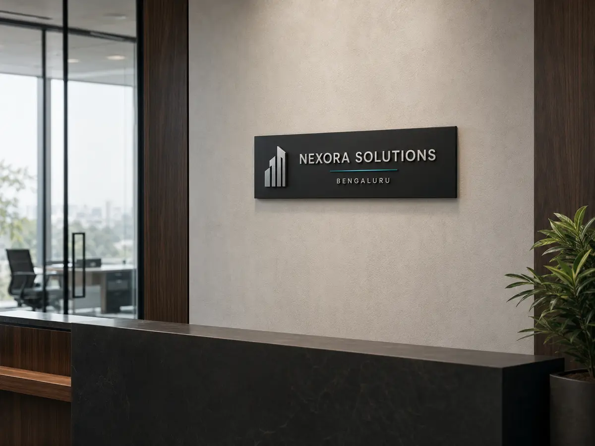 Compact black acrylic corporate office signage with raised brushed-silver lettering installed in Bengaluru