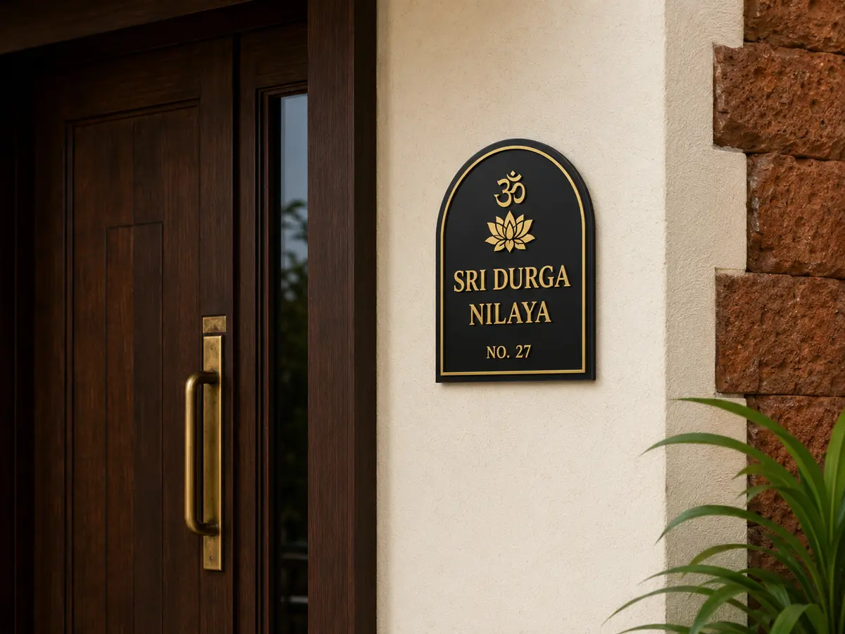 Arched black acrylic house name plate with raised mirror-gold lettering installed in Mangalore