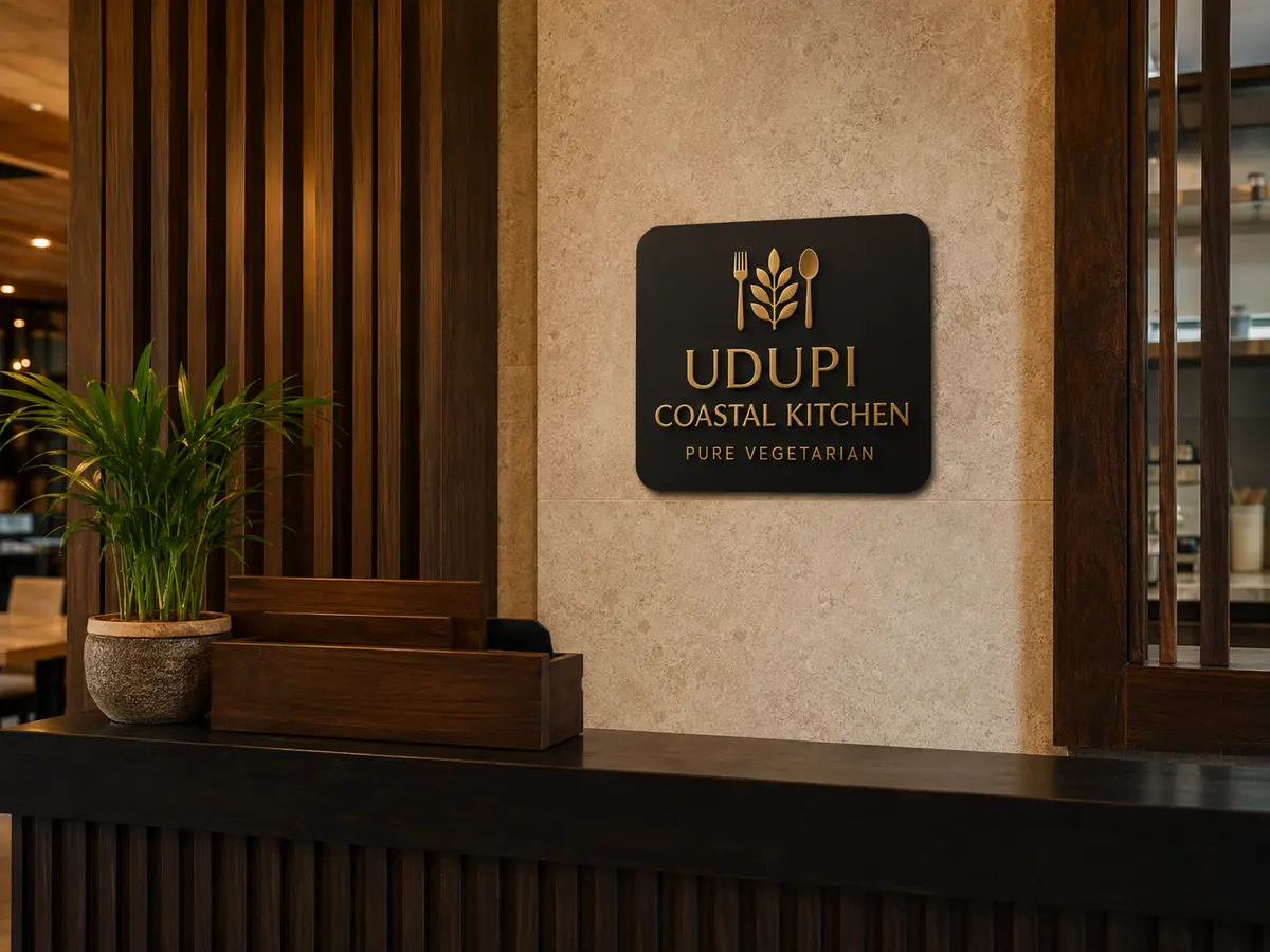 Compact black acrylic restaurant sign board with raised mirror-gold lettering installed in Udupi