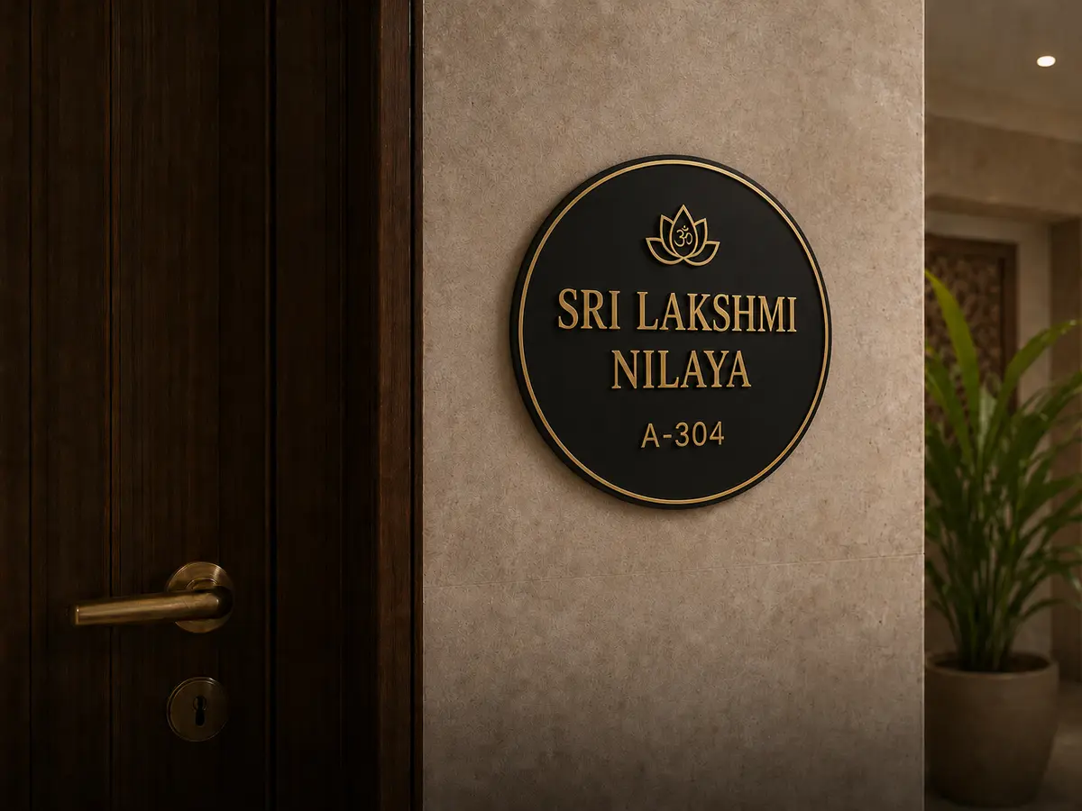 Round black acrylic apartment name plate with raised mirror-gold lettering installed in Mysuru