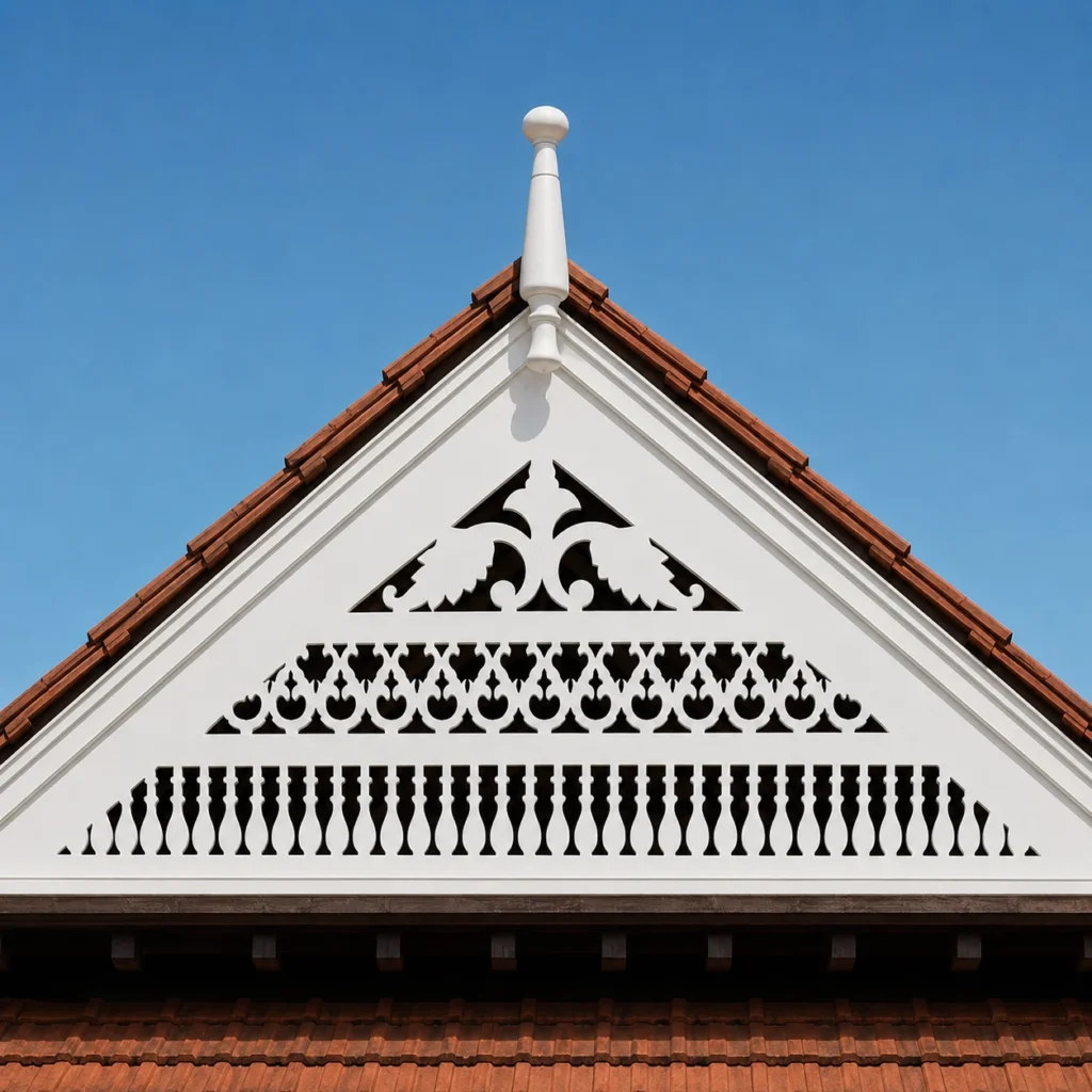 Heritage Lotus triple-band white PVC CNC-cut gable jaali installed on a Kerala-style tiled roof