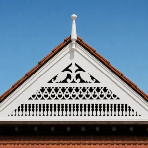 Heritage Lotus triple-band white PVC CNC-cut gable jaali installed on a Kerala-style tiled roof