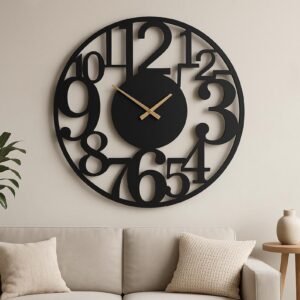Modern oversized numeral wall clock in matte black 5 mm MDF with gold hands
