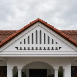 Linear Heritage white PVC gable jaali hero with aligned vertical slots