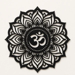 Black Om Mandala MDF wall art with precision laser-cut floral design, front view
