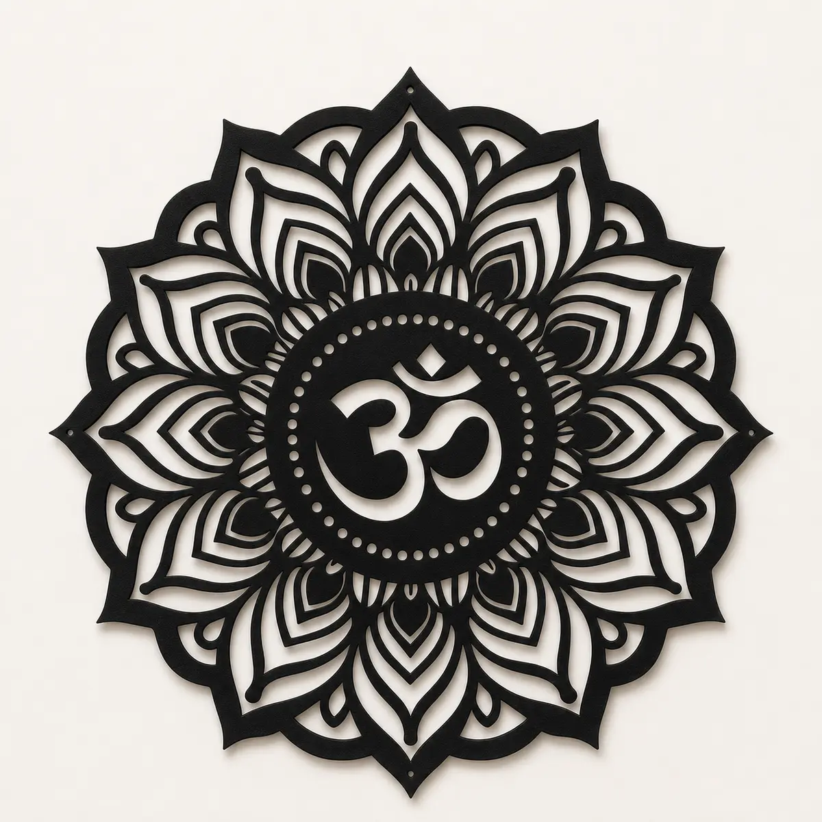 Black Om Mandala MDF wall art with precision laser-cut floral design, front view
