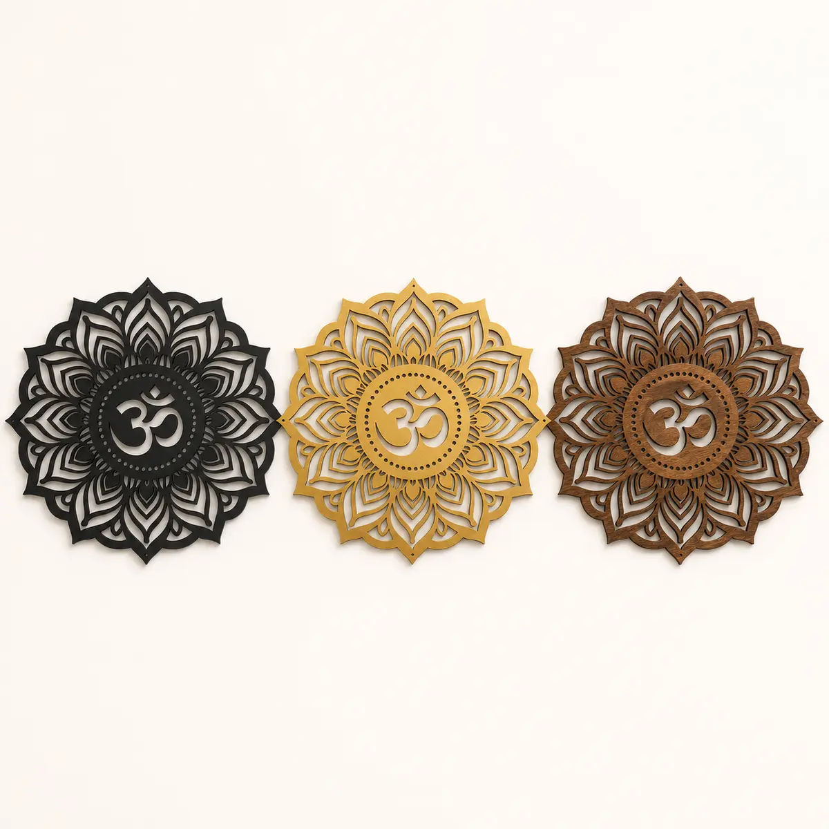 Om Mandala MDF wall art colour options in black, gold and walnut