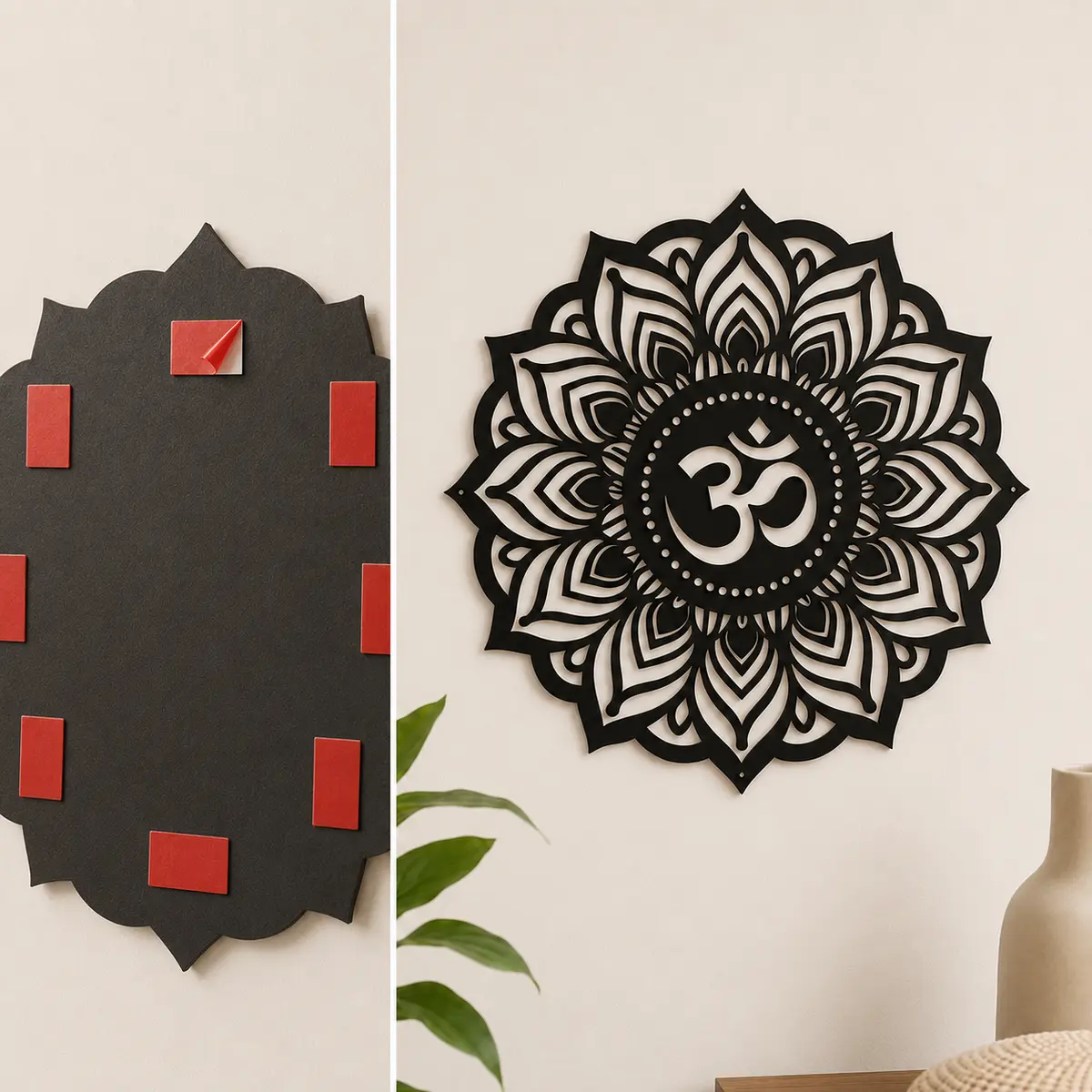 Om Mandala MDF wall art installed using red-liner double-sided mounting tape with no hook or nail